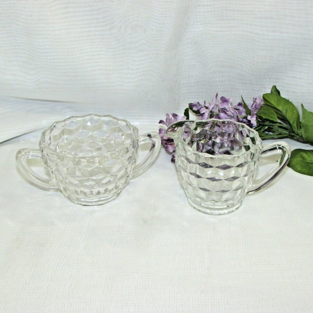 Jeanette Depression Glass Creamer & Sugar Bowl Vintage Cube Cubist Clear As Is